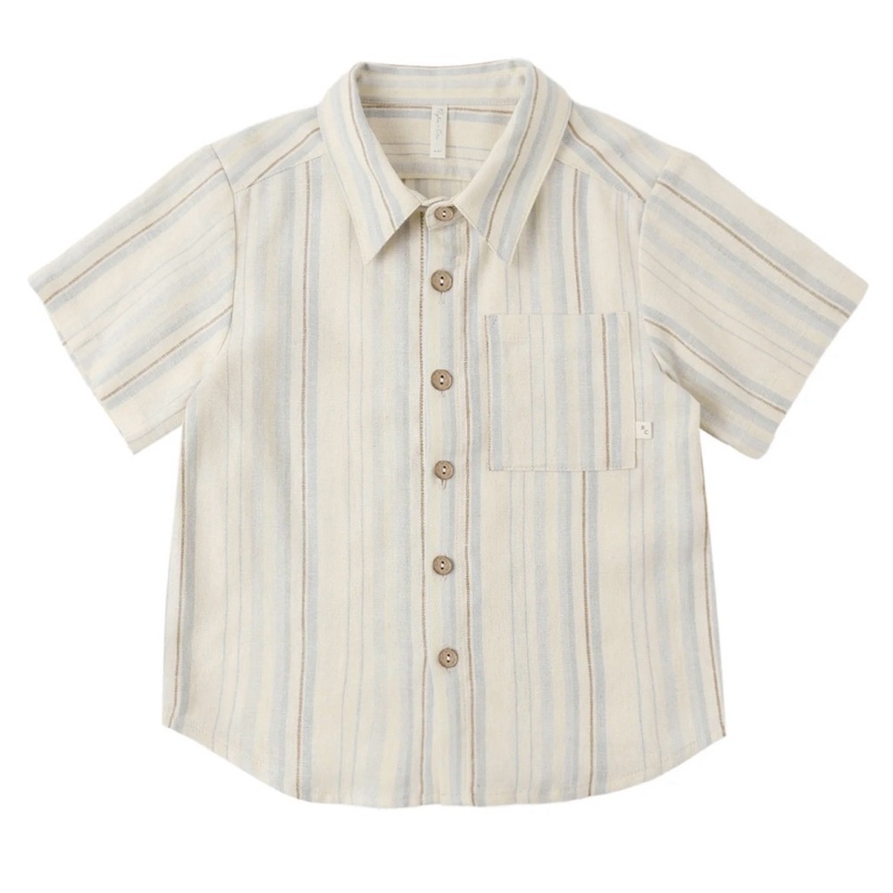 Rylee + Cru Short-Sleeve Striped Button-Down in Light Blue, Cream, Tan